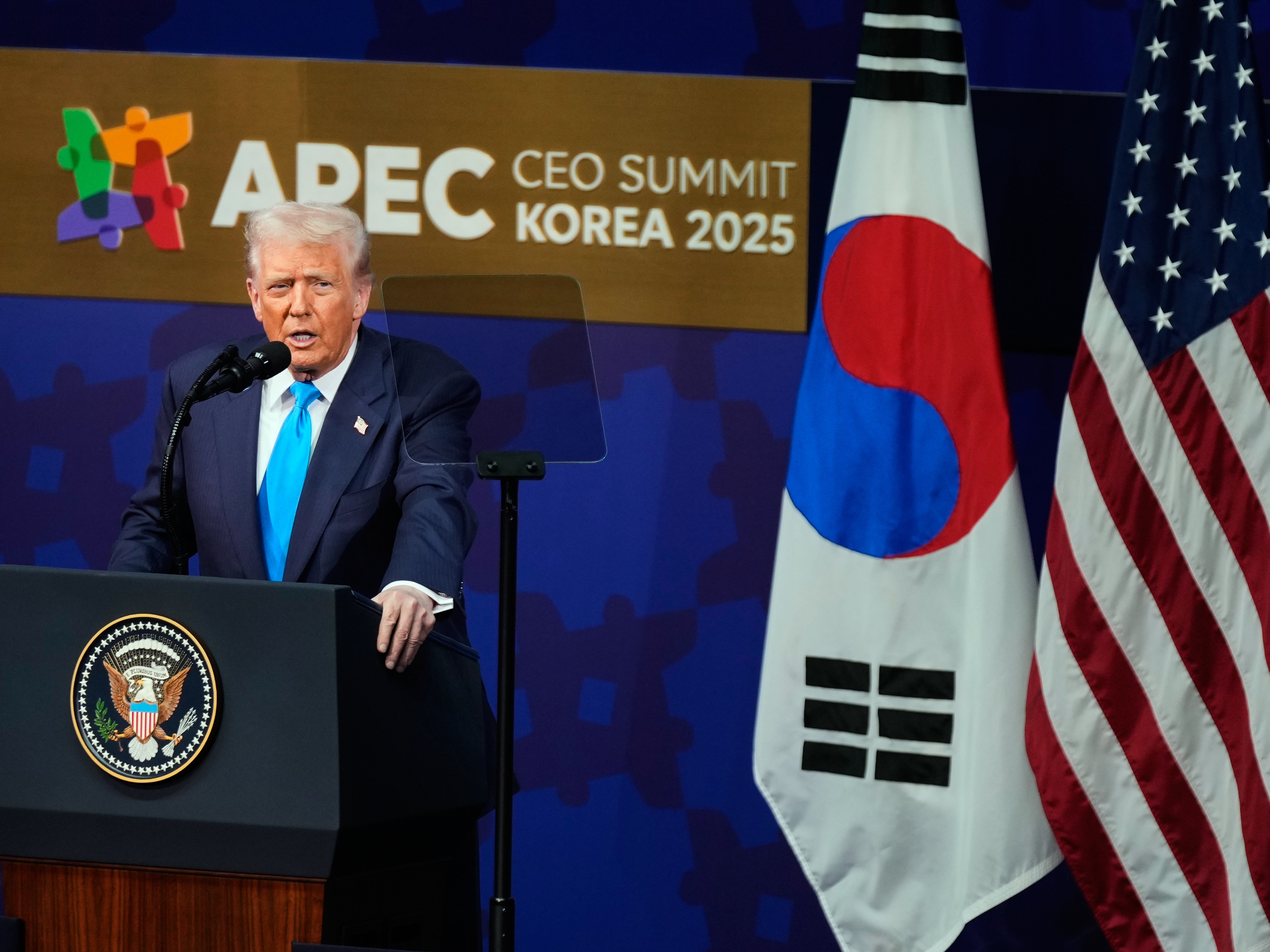 caption: President Donald Trump speaks at an Asia-Pacific Economic Cooperation CEO luncheon in Gyoeongju, South Korea, Wednesday, Oct. 29, 2025.