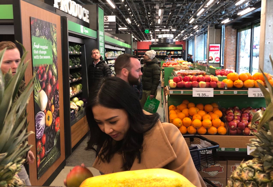 caption: Amazon Go Grocery is Amazon's grab-and-go food store with no cashiers. 