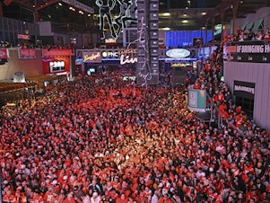 caption: Kansas City Chiefs fans gather for a Super Bowl watch party in Kansas City, Mo., on Sunday. Viewership data show that <a href="https://www.npr.org/2024/02/13/1231058556/most-watched-super-bowl-2024">200 million people</a> saw at least some part of the game.