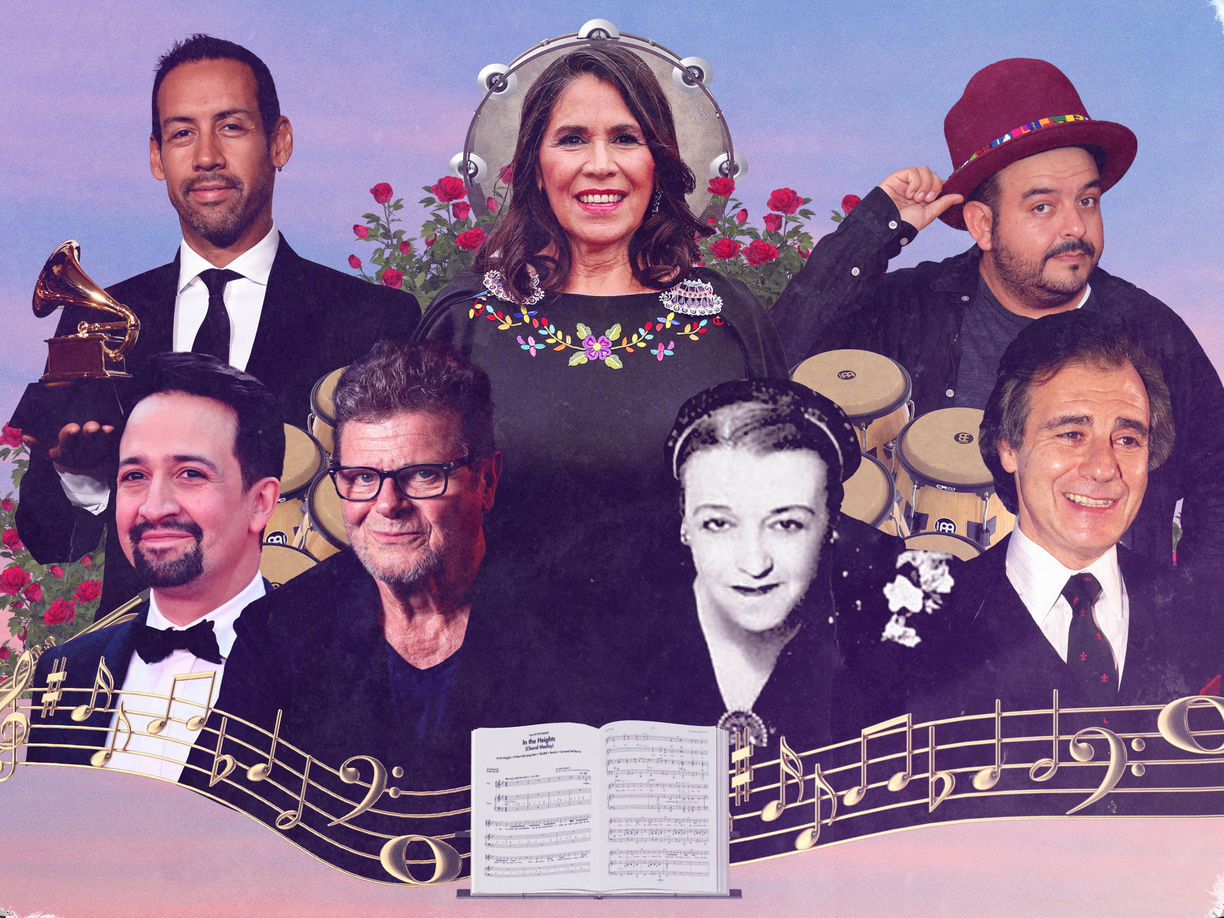 caption: Composers (clockwise from upper left): Antonio Sanchez, Germaine Franco, Camilo Lara, Lalo Schifrin, Maria Grever, Gustavo Santaolalla and Lin-Manuel Miranda.