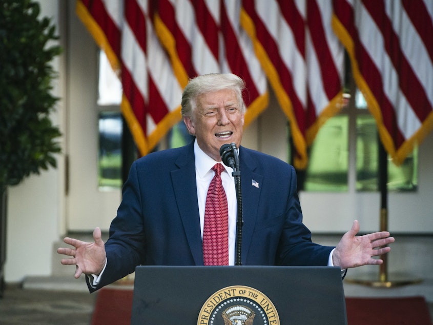 caption: President Donald J. Trump speaks during a press conference in the Rose Garden at the White House on July 14.