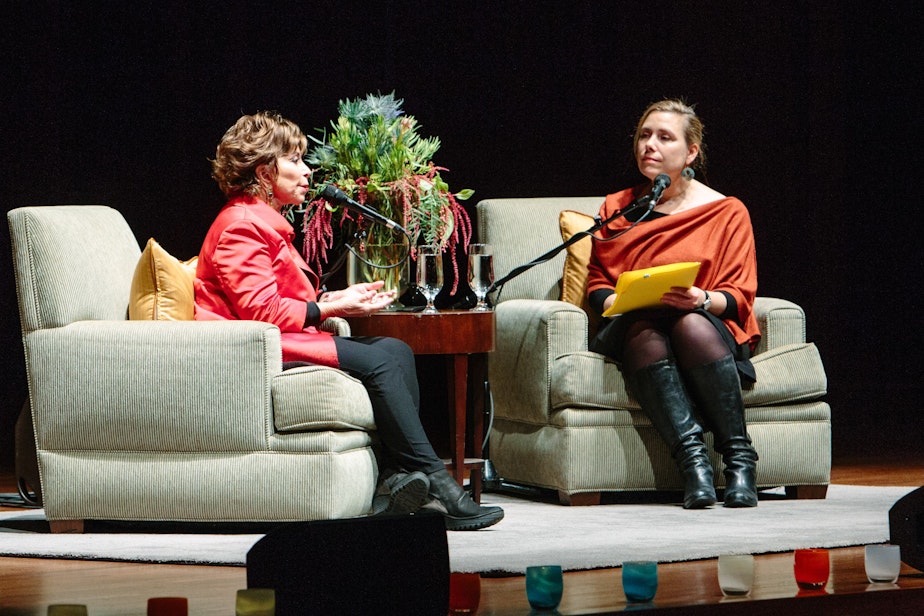 caption: Isabel Allende and Ruth Dickey at Benaroya Hall