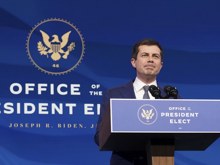 caption: Pete Buttigieg speaks on Dec. 16 after he was nominated to be transportation secretary by then-President-elect Joe Biden. Buttigieg faced a largely friendly reception at his Senate confirmation hearing on Thursday.
