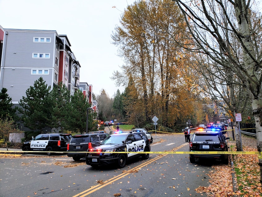 caption: Law enforcement fills the parking lot outside of the apartment complex where two sheriff deputies were shot on Monday, November 9, 2020.