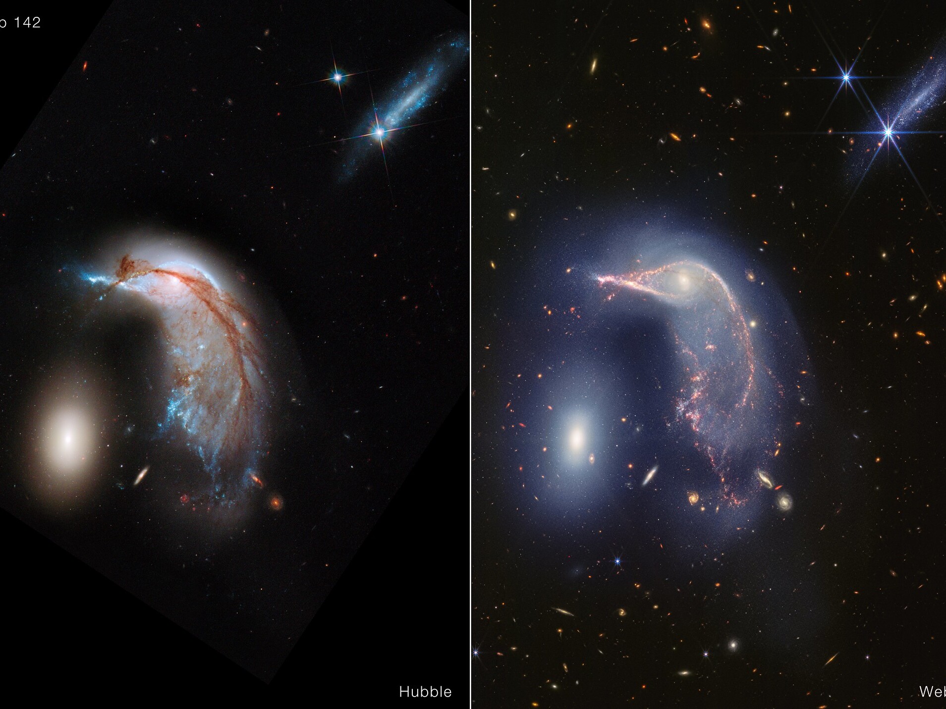caption: Two interacting galaxies, dubbed the Penguin and the Egg, are seen in more clarity and detail than ever, after NASA released a new image (right) from the James Webb Space Telescope. An older image from the Hubble Space Telescope is seen at left.