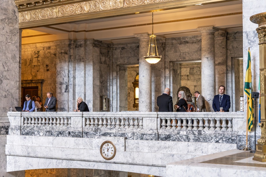 caption: Lobbyists and others in the Washington state Capitol on April 23, 2025.