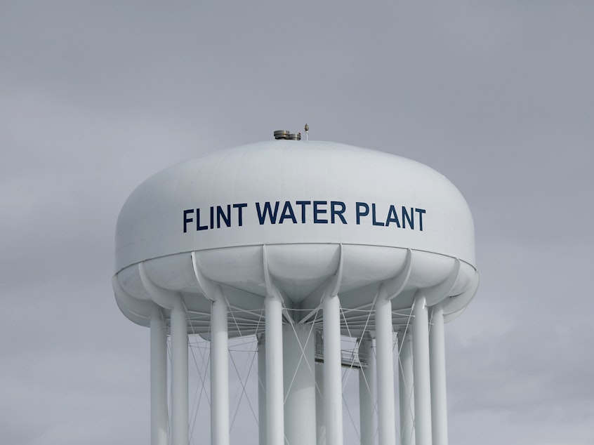 caption: The Flint Water Plant tower in 2016.