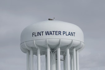 caption: The Flint Water Plant tower in 2016.