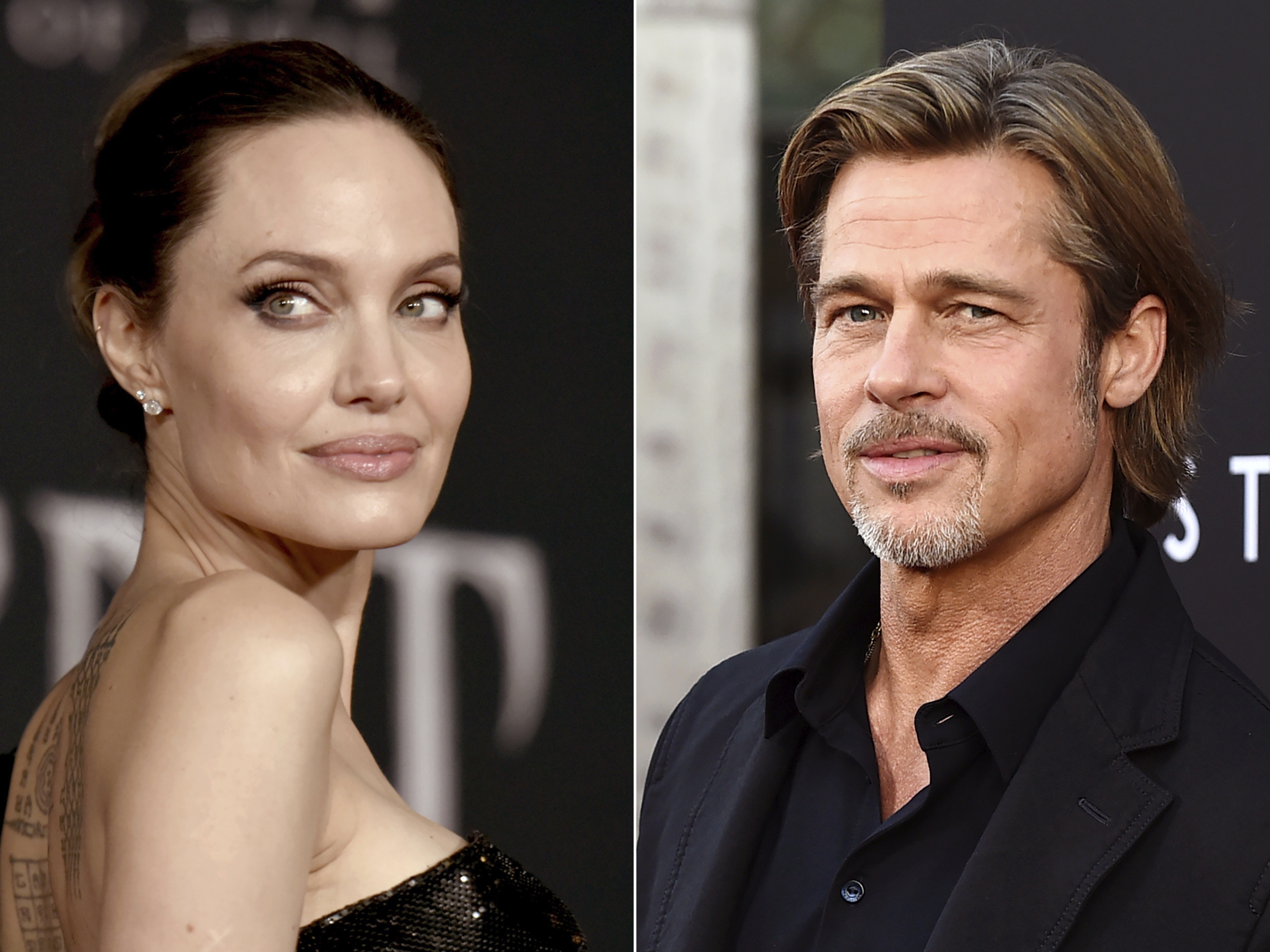 caption: Left, Angelina Jolie at a premiere in Los Angeles on Sept. 2019; Right, Brad Pitt at a separate screening that same month.