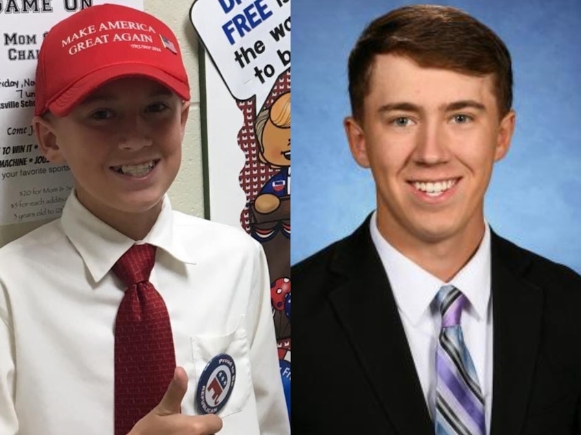 caption: Rylen Bassett on career day in fourth grade (left) and Bassett in his high school senior portrait (right). He told NPR that Trump's candidacy in 2016 was "refreshing," and he stood out compared to traditional political figures.