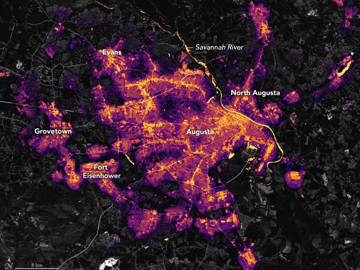 caption: A satellite image shows Augusta, Ga., one month before Helene's arrival plunged it and many other cities into darkness.