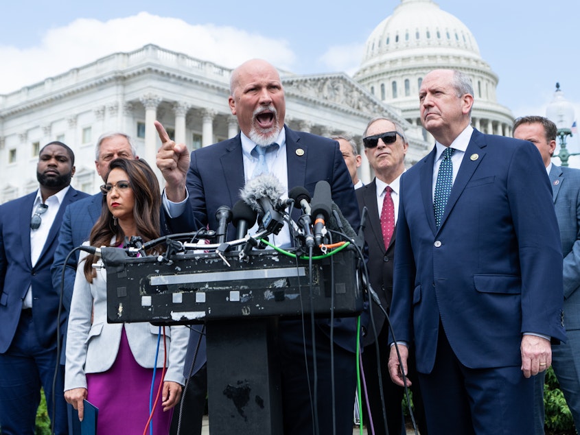 caption: Rep. Chip Roy, R-Texas, speaks during the House Freedom Caucus news conference to oppose the debt limit deal outside of the US Capitol on May 30, 2023. <a href="https://www.gettyimages.com/license/1258294322?adppopup=true"></a>