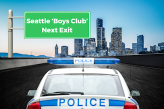 caption: The photo illustration shows a police vehicle traveling down the highway toward Seattle. A sign over the road reads, "Seattle 'Boys Club' Next Exit."