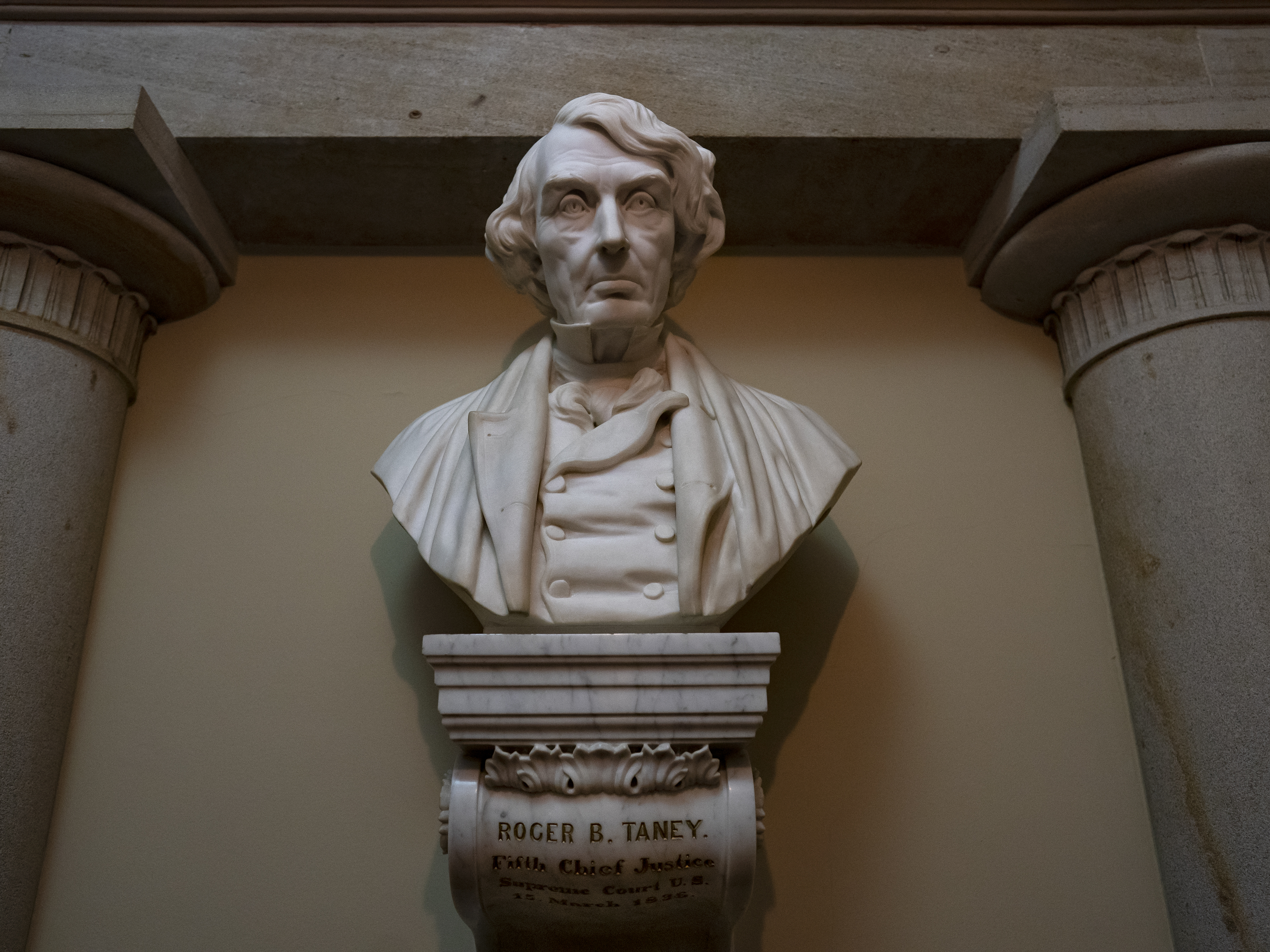 caption: This file photo shows the marble bust of Chief Justice Roger Taney that is currently displayed in the Old Supreme Court Chamber in the U.S. Capitol. The House voted Tuesday on a bill that would remove the bust from public display.
