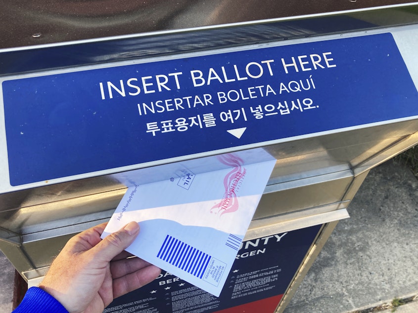 caption: FILE - A ballot and voting drop box are in Rutherford, New Jersey, on Friday, October 21, 2022.