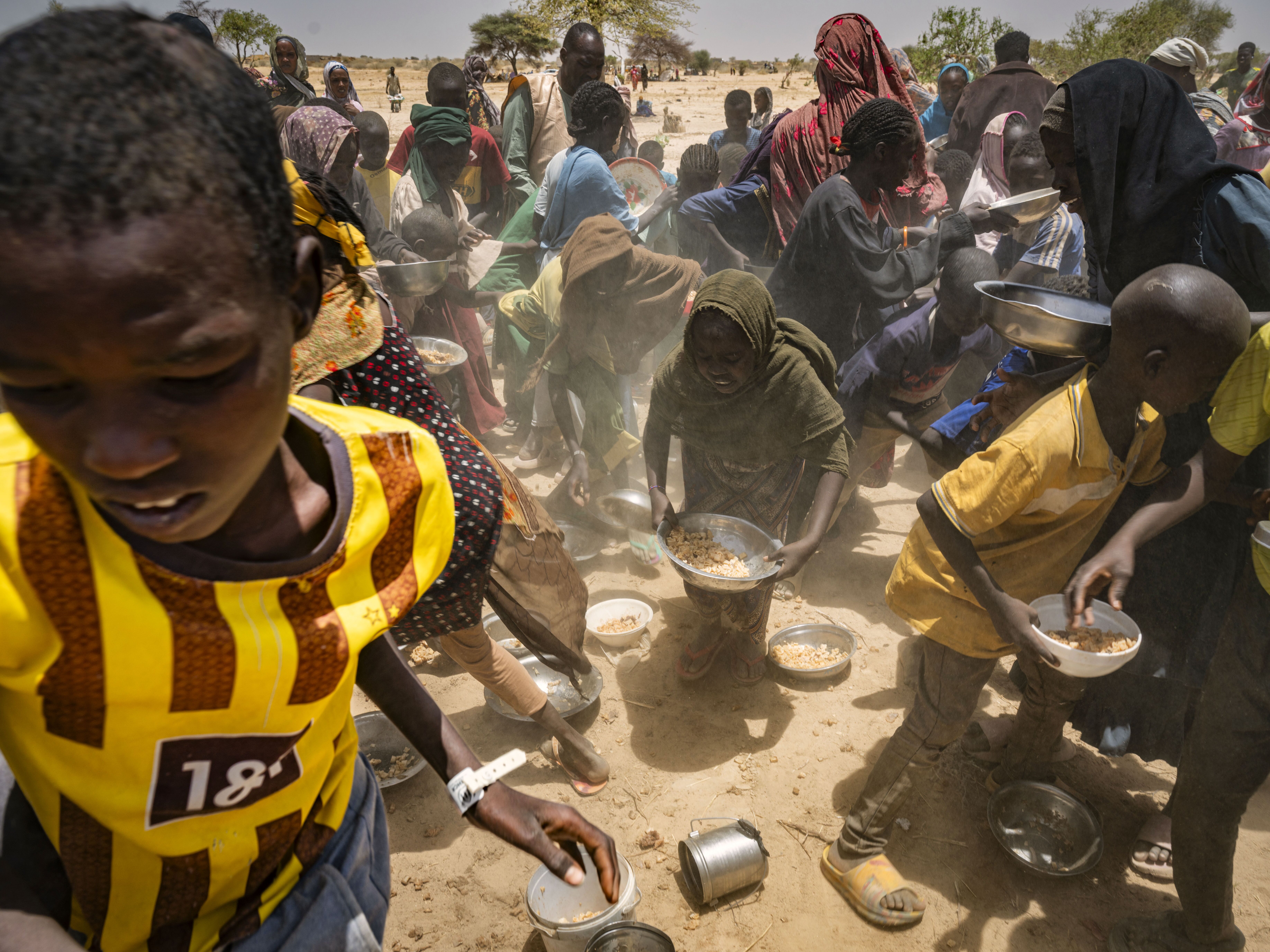 caption: Sudanese refugees from Zamzam camp outside of El Fasher, in Darfur, receive food.