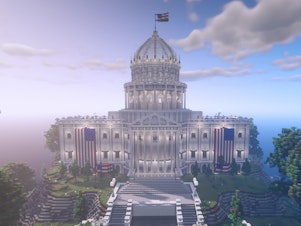 caption: Rock The Vote's voting house in Minecraft allows players to vote on a variety of real-world issues.