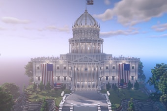 caption: Rock The Vote's voting house in Minecraft allows players to vote on a variety of real-world issues.