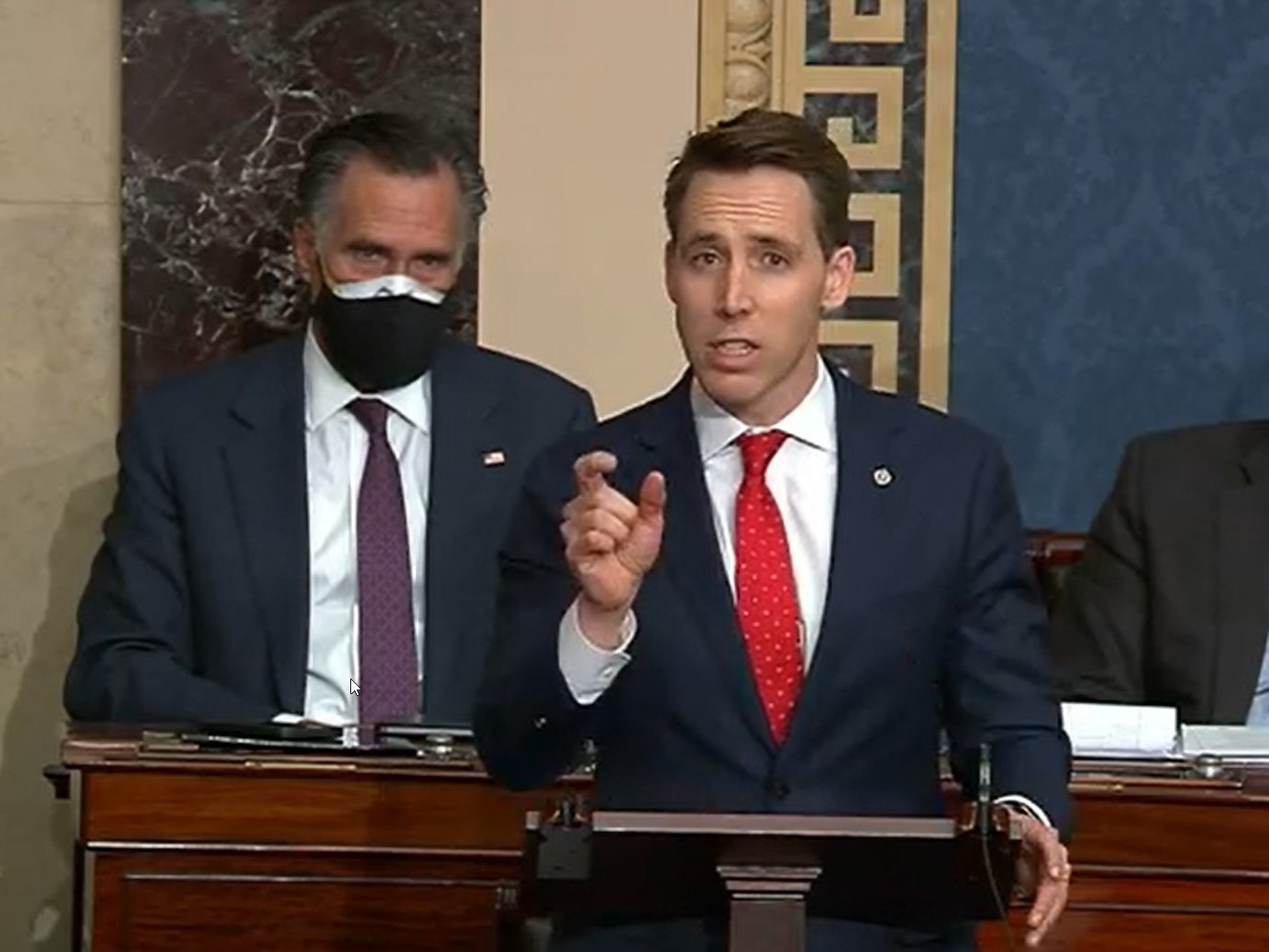 caption: In this screenshot taken from a congress.gov webcast, Missouri Republican Sen. Josh Hawley speaks during a Senate debate session to ratify the 2020 presidential election on Wednesday in Washington, D.C.
