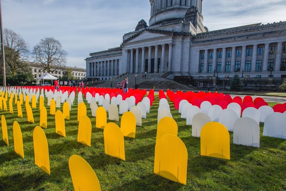 caption: Mock headstones outside the State Capitol mark the number of people who died by suicide in Washington in one year as part of an education event during the 2017 legislative session.