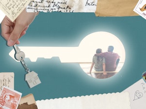 Collage showing a hand holding a single key on a keychain with a house, in front of a large, glowing keyhole that shows two people sitting on the floor embracing in their new home.