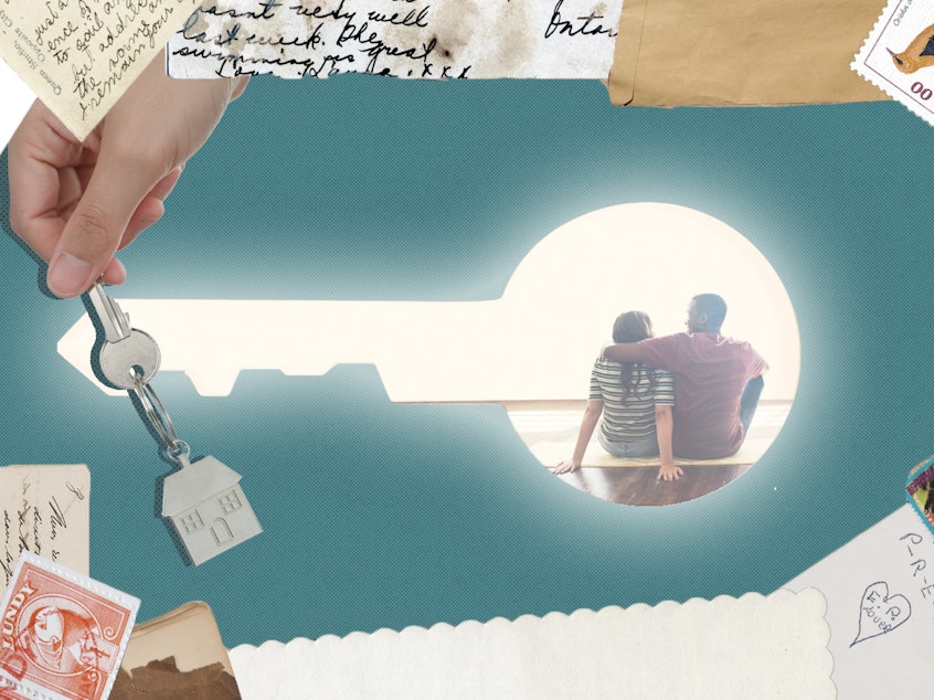 Collage showing a hand holding a single key on a keychain with a house, in front of a large, glowing keyhole that shows two people sitting on the floor embracing in their new home.