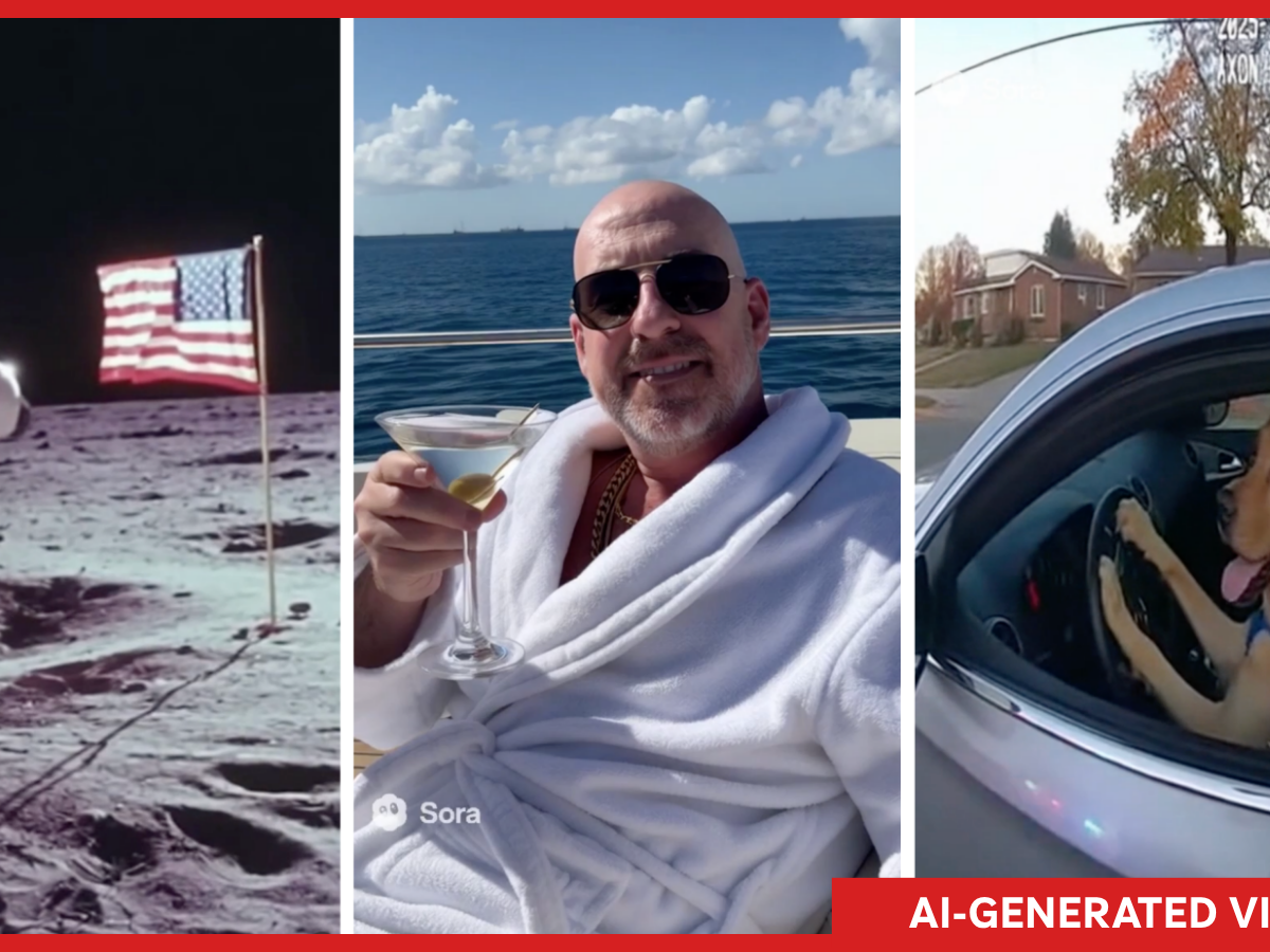 caption: Screenshots of AI-generated videos show the moon landing, NPR reporter Geoff Brumfiel on a boat and a dog driving a car.