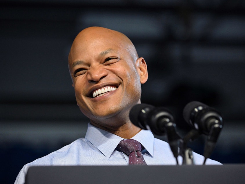 caption: Democratic candidate for governor Wes Moore speaks during a rally with President Joe Biden and First Lady Jill Biden during a rally on the eve of the midterm elections, at Bowie State University in Bowie, Md., on Nov. 7.