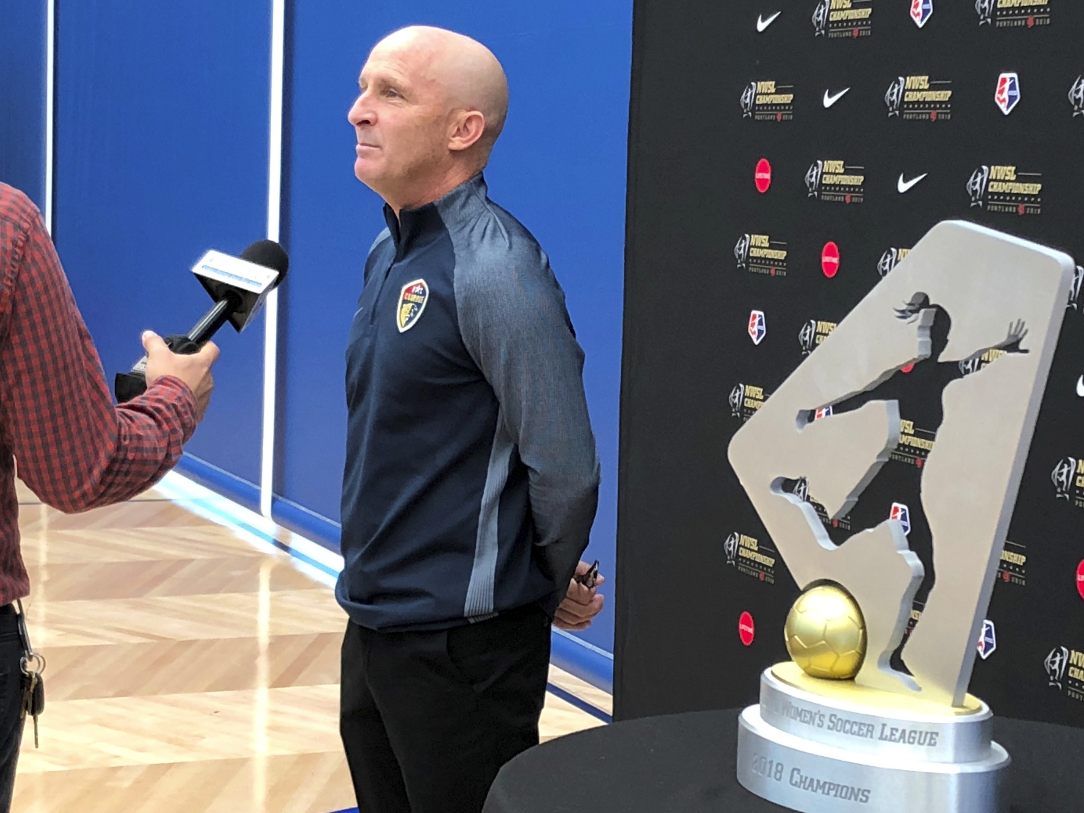 caption: North Carolina Courage coach Paul Riley is pictured in 2018. An independent investigation  found emotional abuse and sexual misconduct were systemic in the National Women's Soccer League. Players Sinead Farrelly and Mana Shim came forward with allegations of harassment and sexual coercion dating back a decade involving former coach Paul Riley.