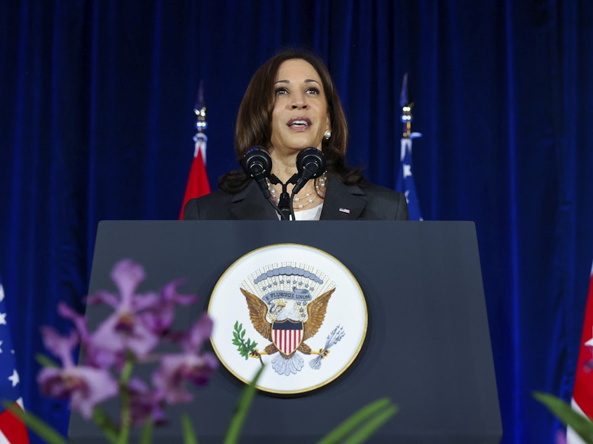 caption: U.S. Vice President Kamala Harris delivers a speech at Gardens by the Bay in Singapore before departing for Vietnam on the second leg of her Southeast Asia trip, Tuesday, Aug. 24, 2021.