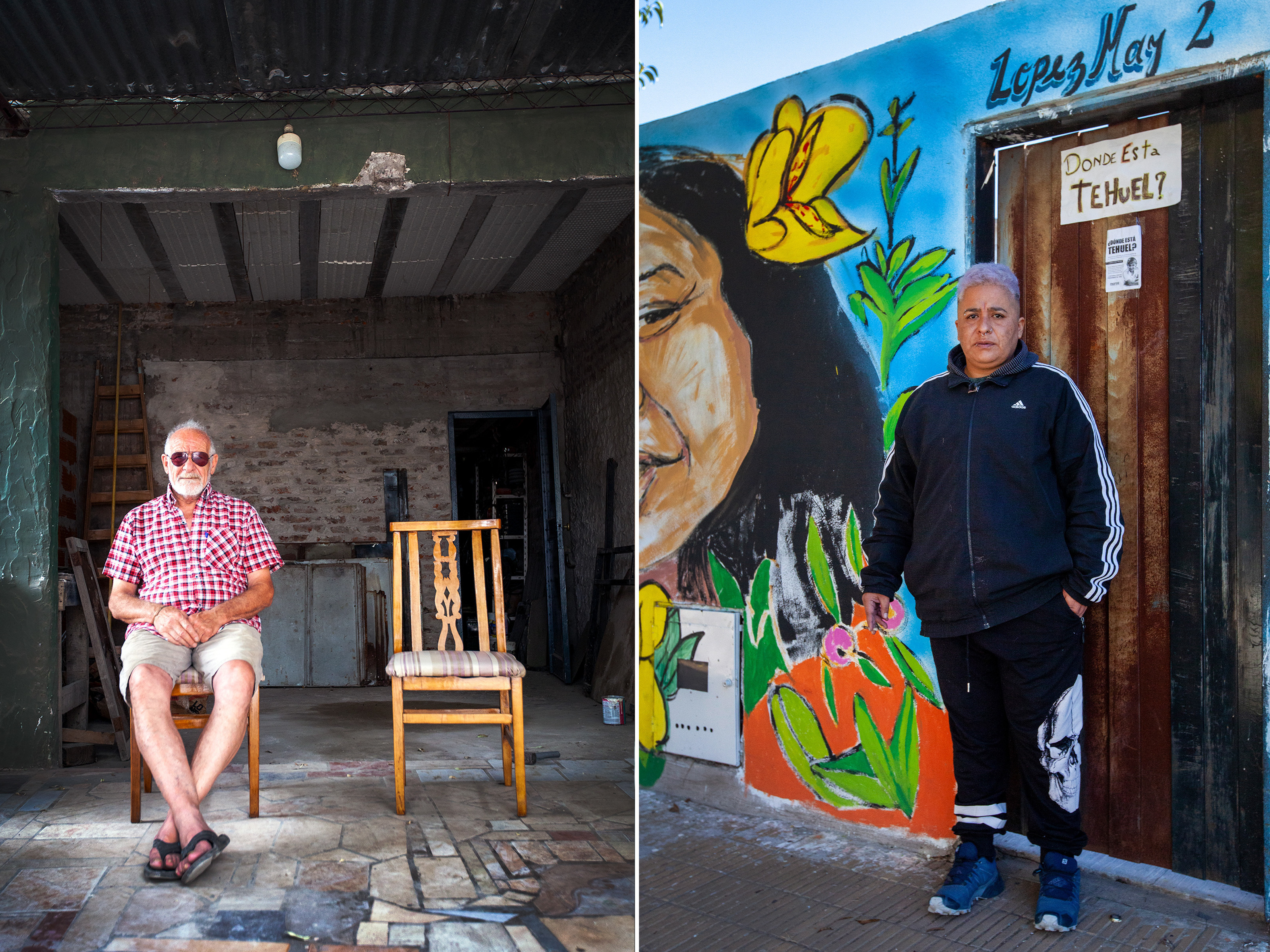 caption: <strong>Left</strong>: Andrés de la Torre, father of Tehuel de la Torre. Tehuel is a young trans man who disappeared in March of 2021. <strong>Right:</strong> Say Sacayán, a transgender rights activist, standing in front of a sign that reads "Where is Tehuel?"