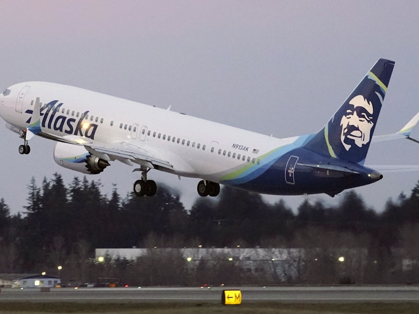 caption: The first Alaska Airlines passenger flight on a Boeing 737-9 Max airplane takes off on a flight to San Diego from Seattle-Tacoma International Airport in Seattle on March 1, 2021.