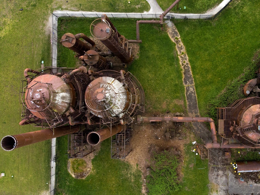 caption: An aerial view of Gas Works Park is shown on Saturday, April 11, 2020, in Seattle.