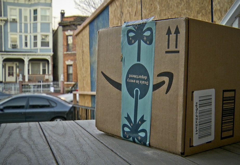 caption: This image taken from video shows an Amazon package containing a GPS tracker on the porch of a Jersey City, N.J. residence after its delivery Tuesday, Dec. 11, 2018. The explosion in online shopping has led to porch pirates and stoop surfers swiping holiday packages from unsuspecting residents. The cops in one New Jersey city are trying to catch the thieves with some trickery of their own.