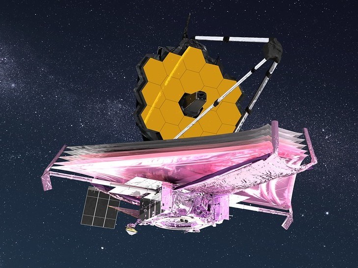 caption: An artist's rendition of the James Webb Space Telescope with its sunshield deployed.