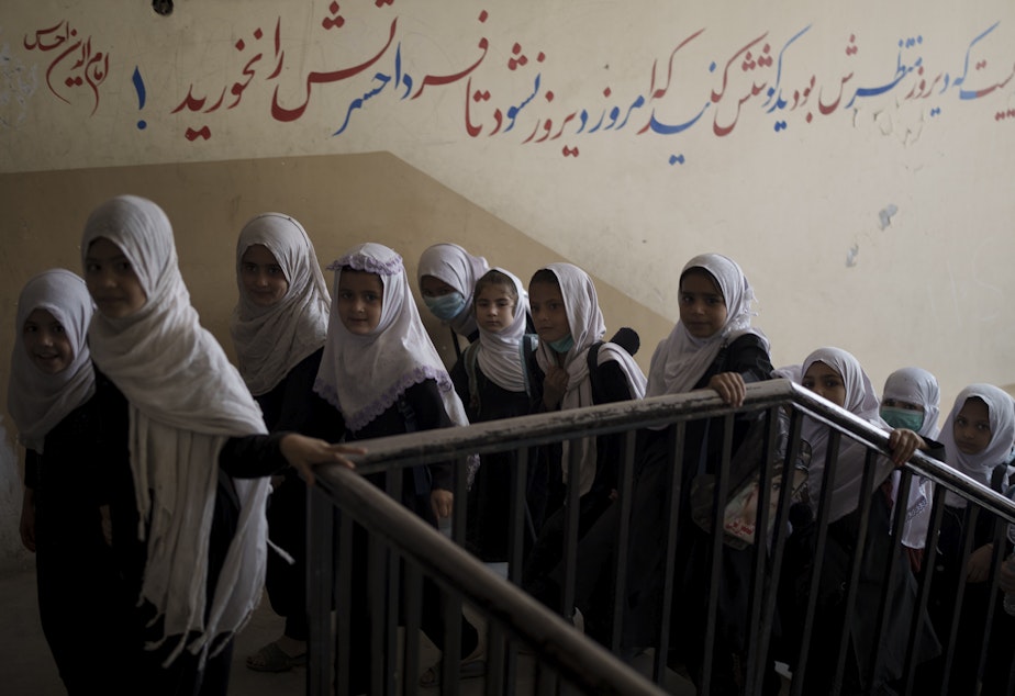 Caption: Girls enter a school ahead of class in Kabul on September 12, 2021. In a surprise move, the hardline leadership of Afghanistan's new rulers decided not to open educational institutions to girls beyond sixth grade .