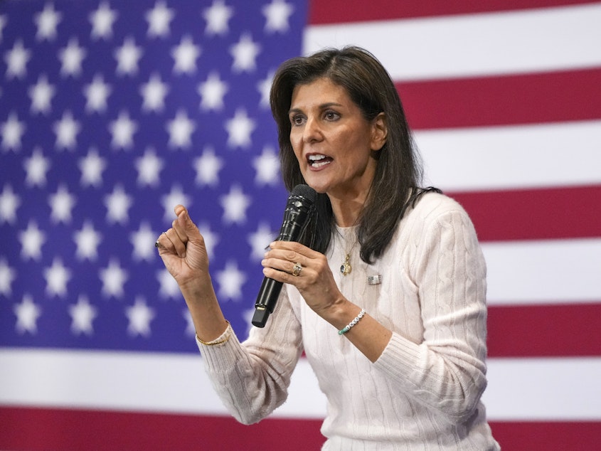 caption: Republican presidential candidate former U.N. Ambassador Nikki Haley speaks at a campaign event on Monday.