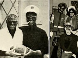 caption: People dressed in blackface are seen in the 1968 edition of The Bomb: Virginia Military Institute's yearbook.