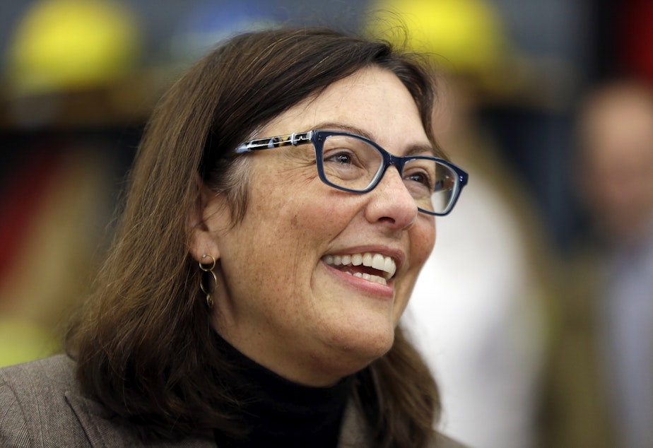 caption: Rep. Suzan DelBene, (D-Wash) at a statewide earthquake drill with school children at a firehouse Thursday, Oct. 15, 2015, in Oso, Wash. 