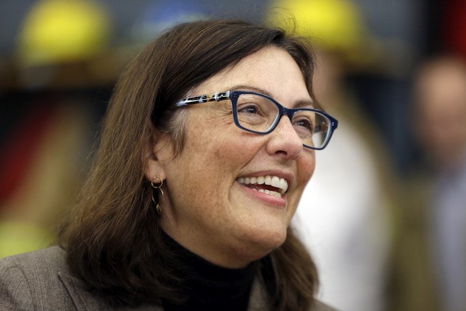 caption: Rep. Suzan DelBene, (D-Wash) at a statewide earthquake drill with school children at a firehouse Thursday, Oct. 15, 2015, in Oso, Wash. 
