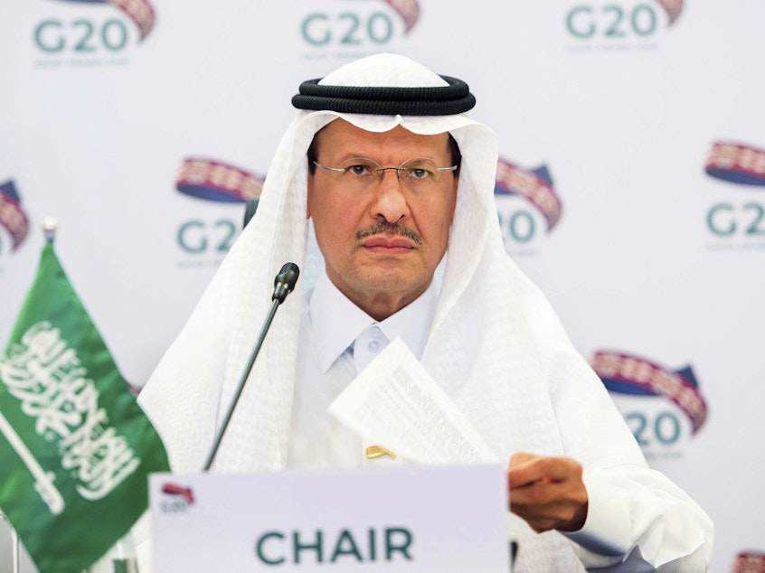 caption: Saudi Prince Abdulaziz bin Salman Al-Saud, minister of energy of Saudi Arabia, chairs a virtual summit of the Group of 20 energy ministers at his office in Riyadh, Saudi Arabia, on April 10, to coordinate a response to plummeting oil prices due to an oversupply in the market and a downturn in global demand due to the pandemic.