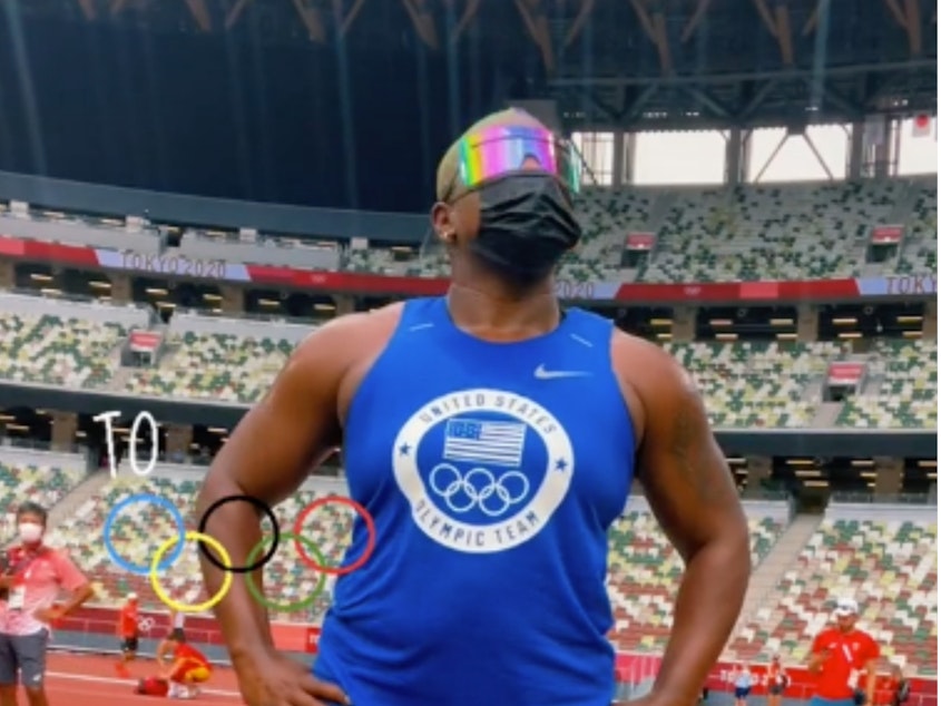 caption: From left, screenshots from Olympians Laviai Nielsen, Ilona Maher and Raven Saunders' recent TikTok posts from the Tokyo Olympics.