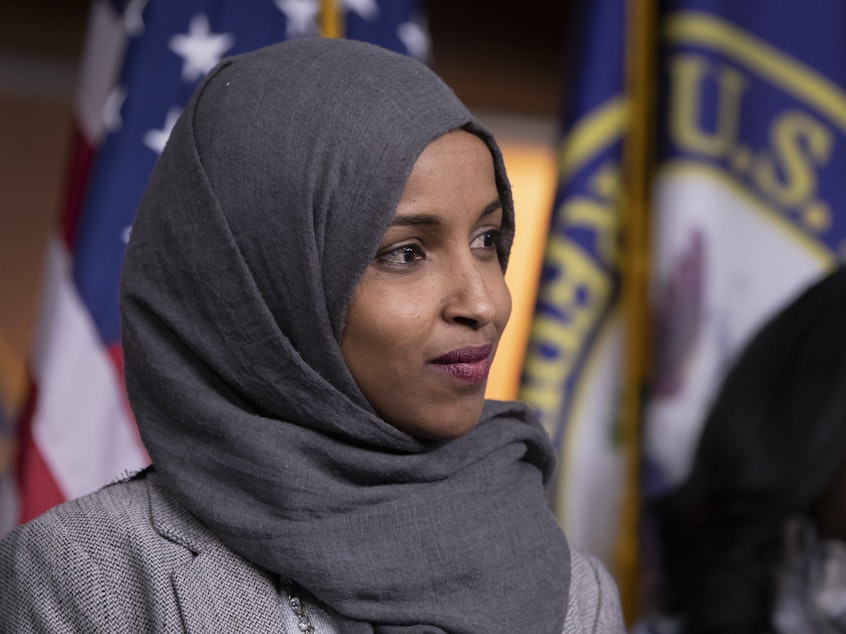 caption: Rep. Ilhan Omar, D-Minn., apologized for comments on social media widely condemned as anti-Semitic. House Democratic leaders called the remarks "deeply offensive."