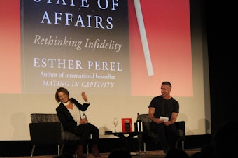 caption: Esther Perel and Dan Savage at the Egyptian Theatre