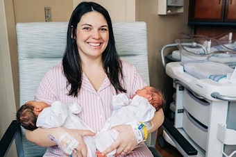 caption: Kelsey Hatcher, 32, delivered twins, Roxi and Rebel, on Dec. 19 and 20, in what's known as a dicavitary pregnancy delivery.