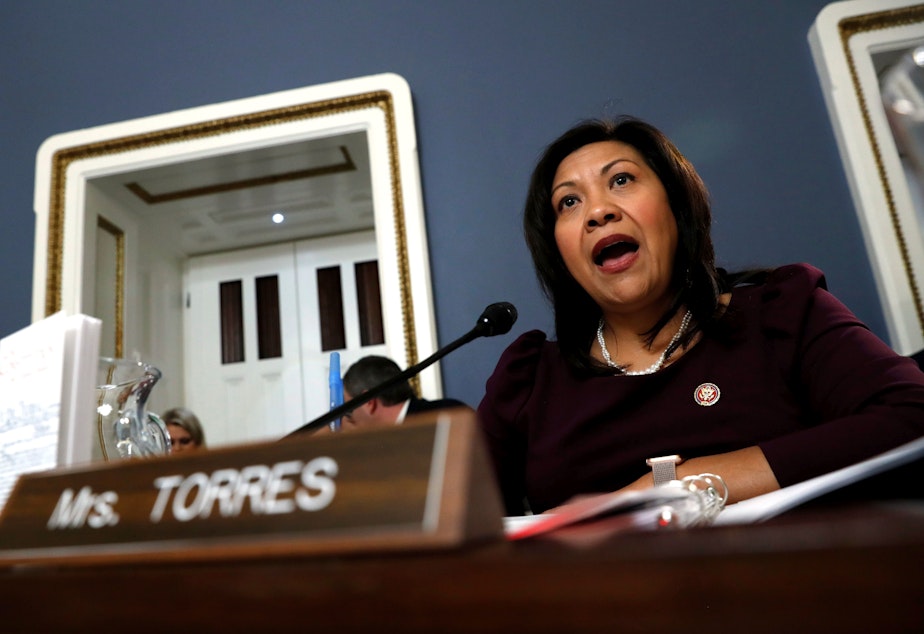 caption: Rep. Norma Torres, D-Calif., seen here during a hearing in 2019, urged her colleagues on Tuesday to support a resolution calling on Vice President Pence to remove Trump from office via the 25th Amendment.