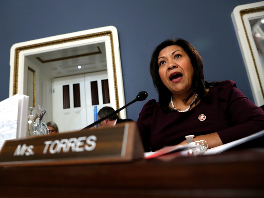 caption: Rep. Norma Torres, D-Calif., seen here during a hearing in 2019, urged her colleagues on Tuesday to support a resolution calling on Vice President Pence to remove Trump from office via the 25th Amendment.