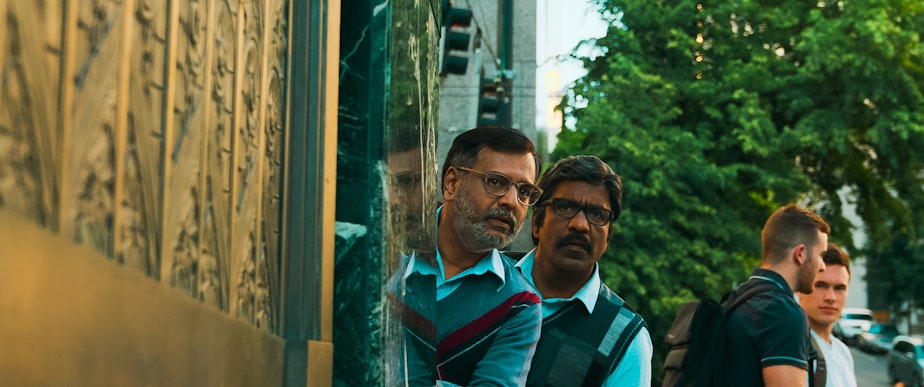 caption: Indian actors Vivek (left) and Charle (right) play a retired cop and his friend in the new film Vellai Pookal  