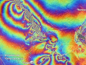 caption: NASA's Advanced Rapid Imaging and Analysis team created this map, which shows surface displacement caused by the recent major earthquakes in Southern California.