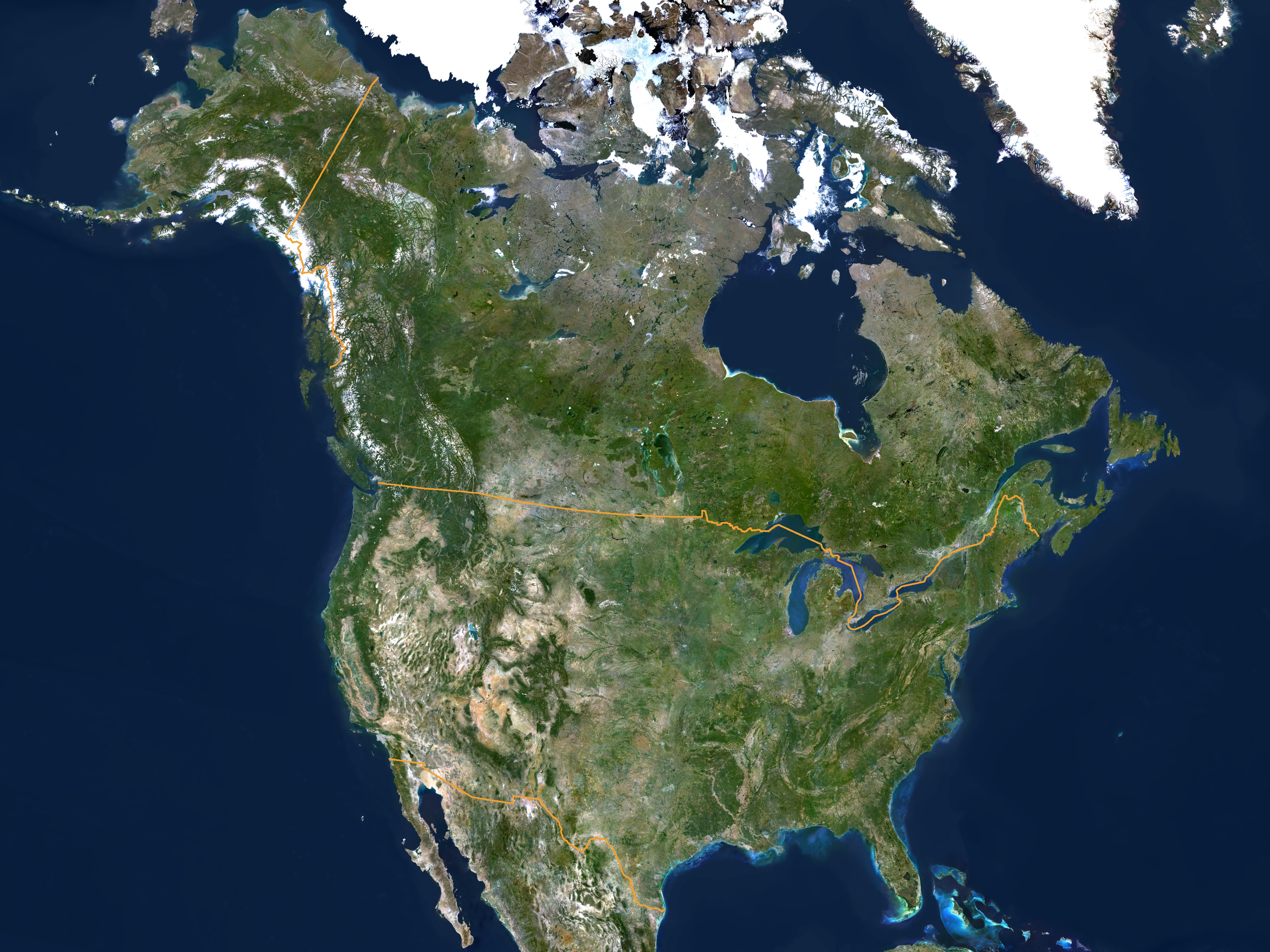 caption: The U.S.-Canada border, as seen in this satellite map, mostly runs along the 49th parallel — and wasn't chosen at random.